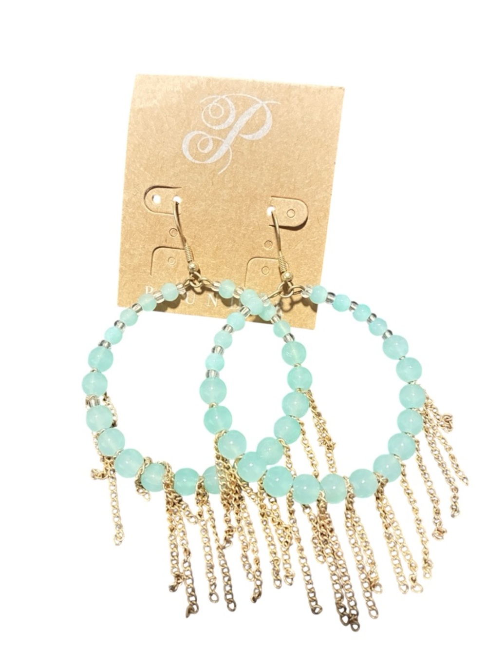 Mint Beaded Hoop Earrings with Gold Fringe - Women Jewelry